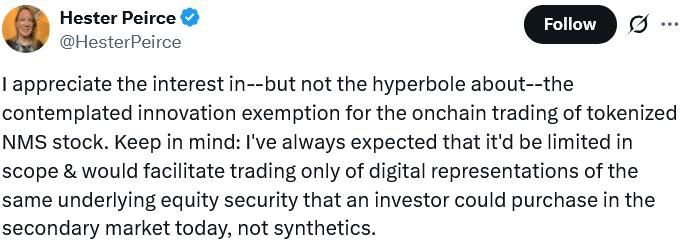 Hester Peirce post on X