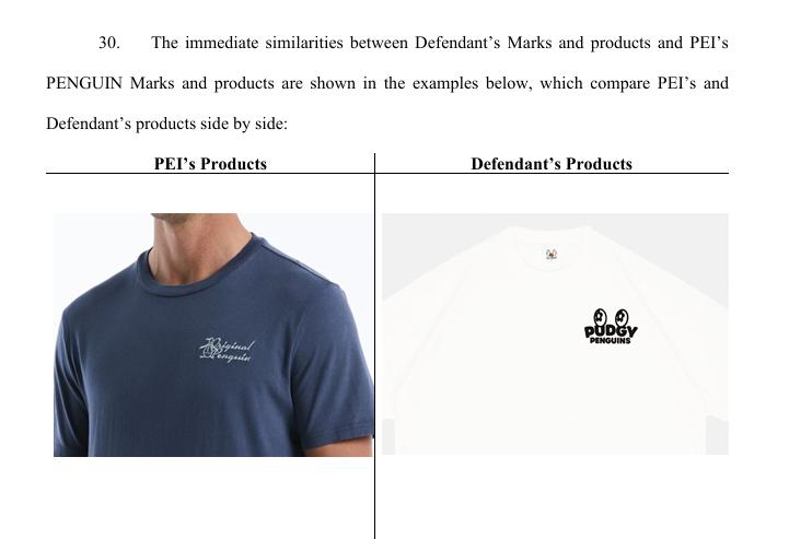 An excerpt of PEI's complaint comparing its Original Penguin brand to Pudgy Penguins' merchandise