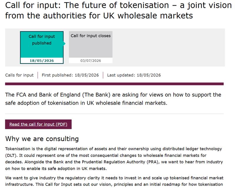 Call for input on the future of tokenization in UK wholesale markets