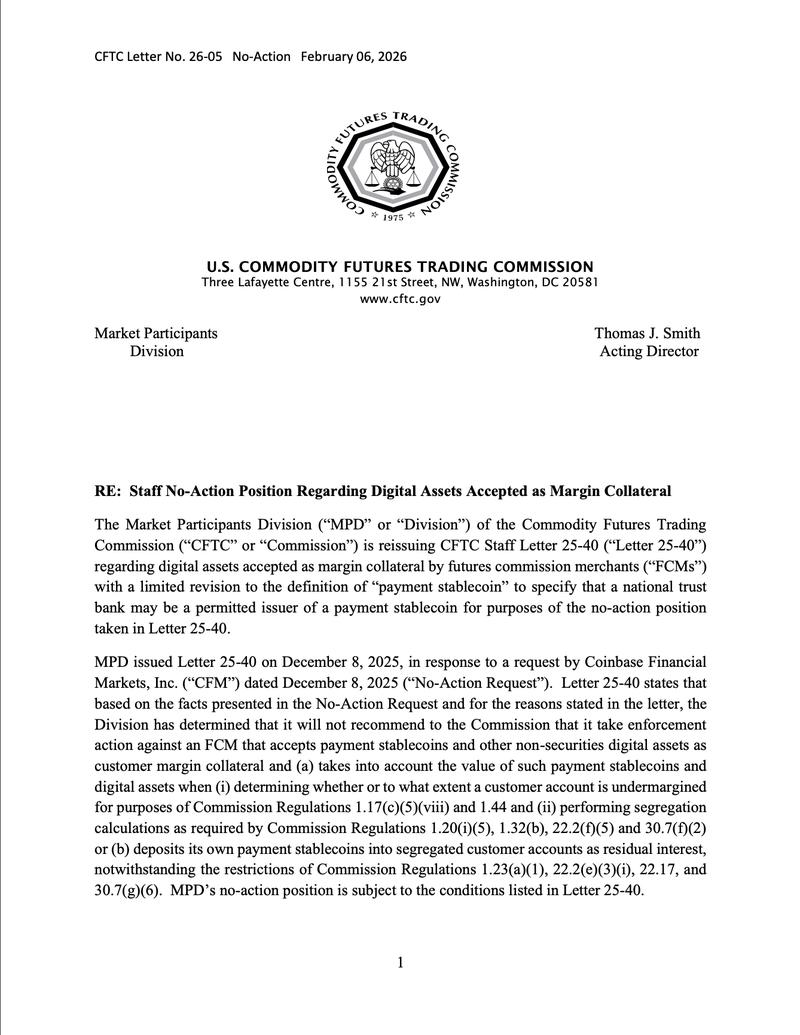 CFTC Staff Letter 26-05 updating the definition of payment stablecoins