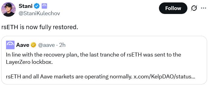 Kelp DAO recovery announcement