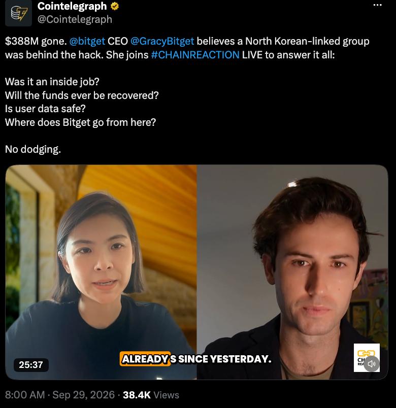 Bitget CEO Gracy Chen speaking to Cointelegraph's Ciaran Lyons