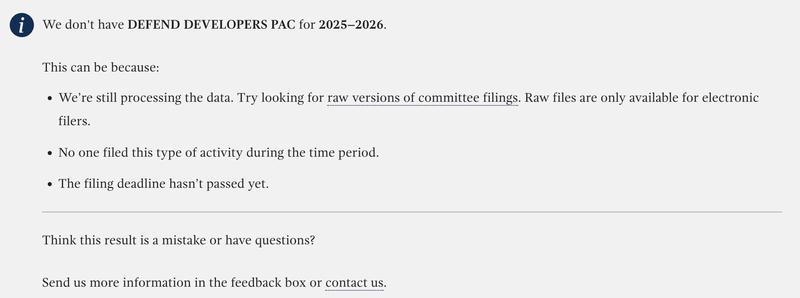 FEC portal showing Defend Developers