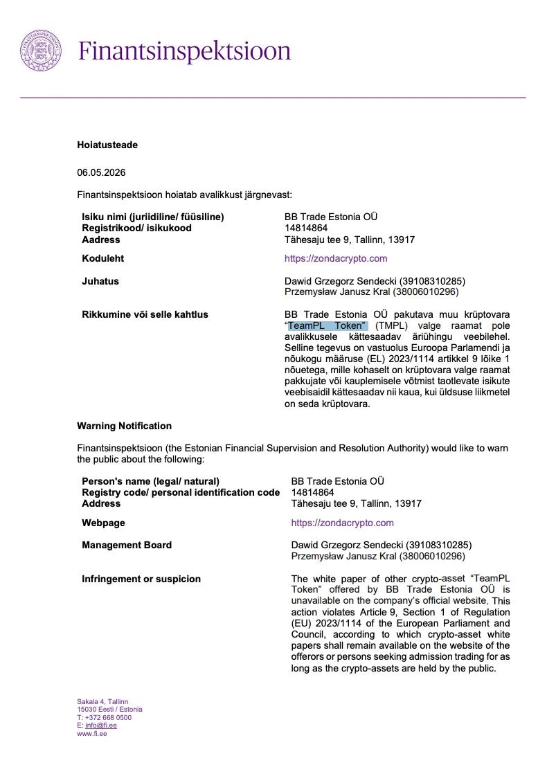 Estonia FSA investor warning screenshot