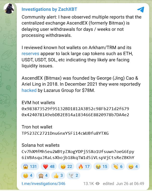 ZachXBT Telegram post