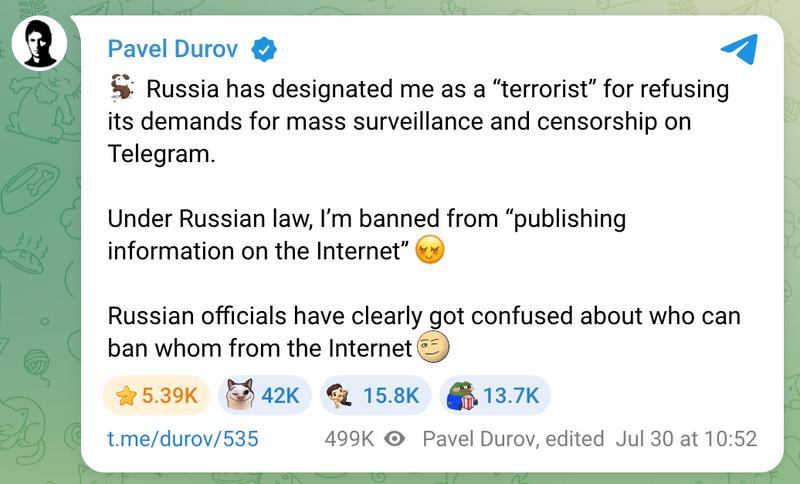 Telegram post from Pavel Durov