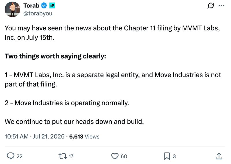 Torab Torabi X post about Movement Labs bankruptcy