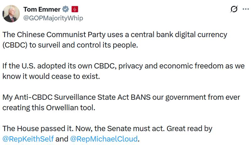 Tom Emmer statement on Anti-CBDC Surveillance State Act