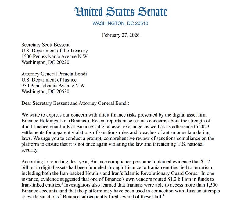 Senators ask for probe into Binance