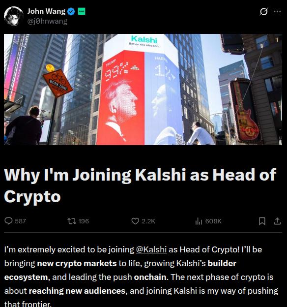 Crypto influencer John Wang joined Kalshi