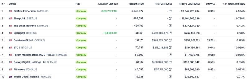Top Ethereum treasury companies