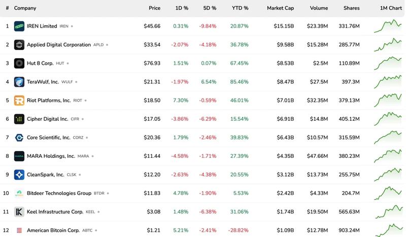 Leading Bitcoin mining stocks ranked by market capitalization. Source: Bitcoinminingstock.io