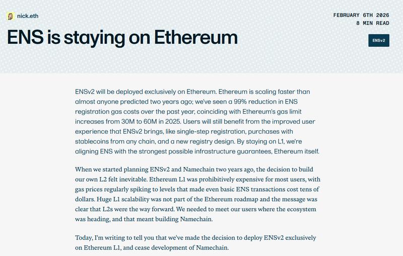 Blog post announcing changes to ENS' upgrade plans