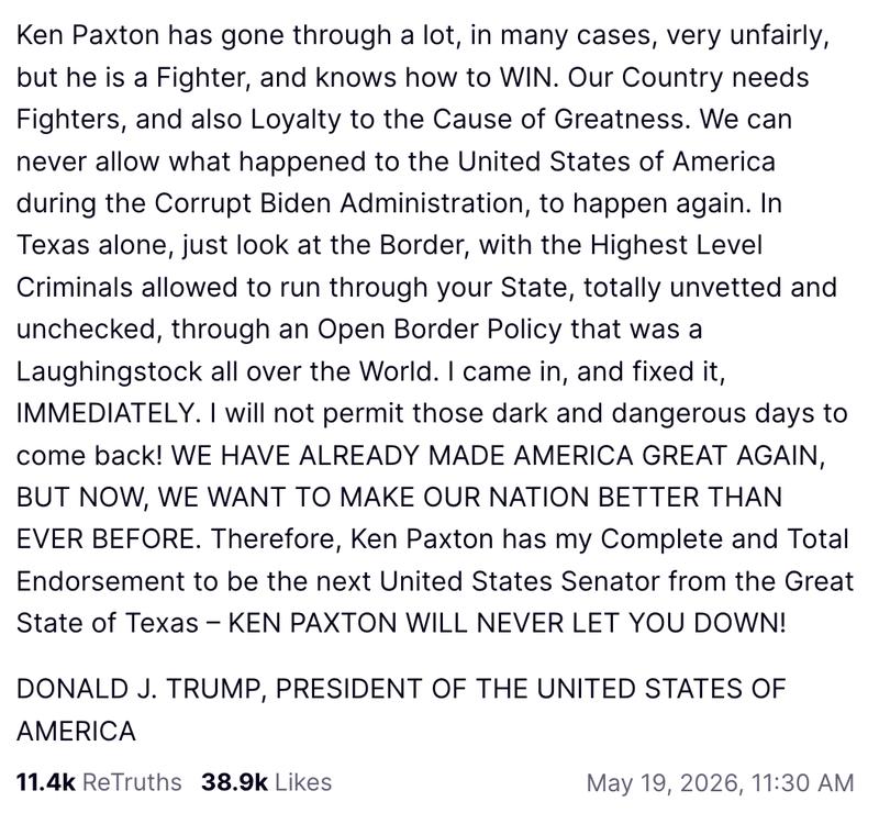 Truth Social post endorsing Ken Paxton