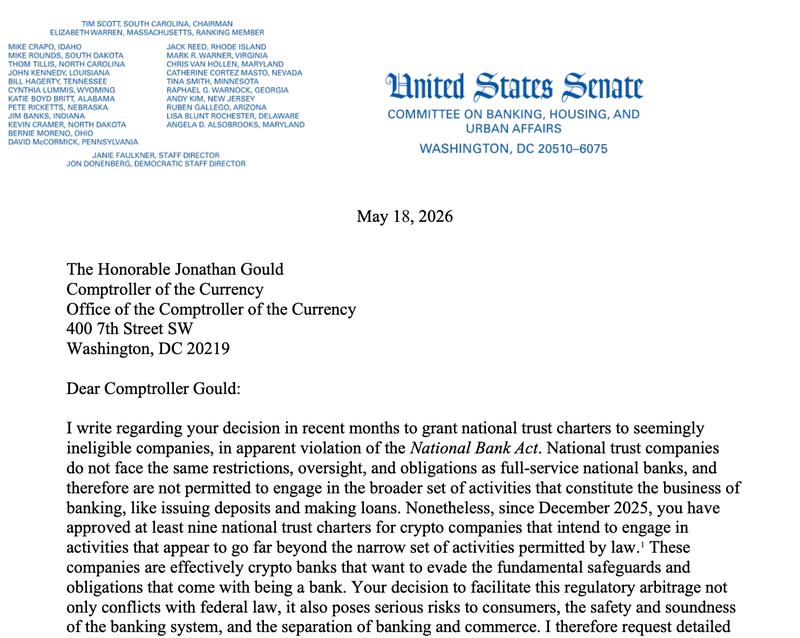 Letter from Senator Warren to OCC