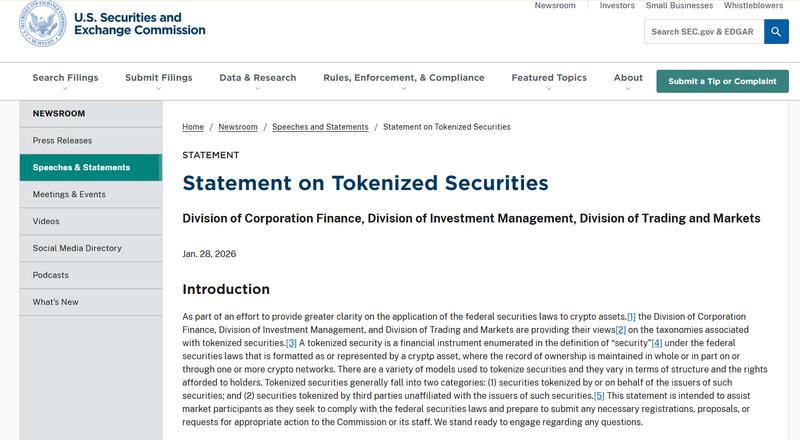 SEC statement on tokenized securities