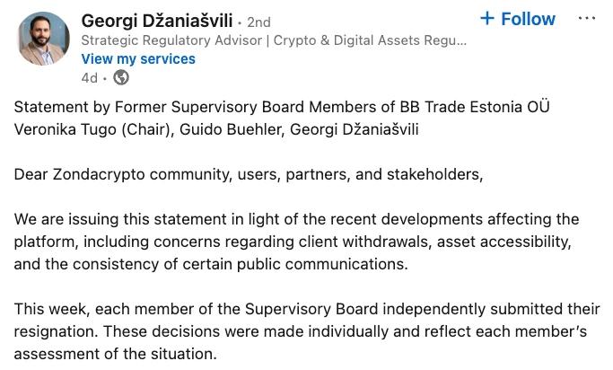 Georgi Džaniašvili LinkedIn post