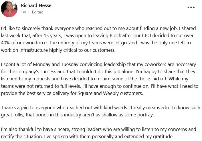 LinkedIn post from Richard Hesse