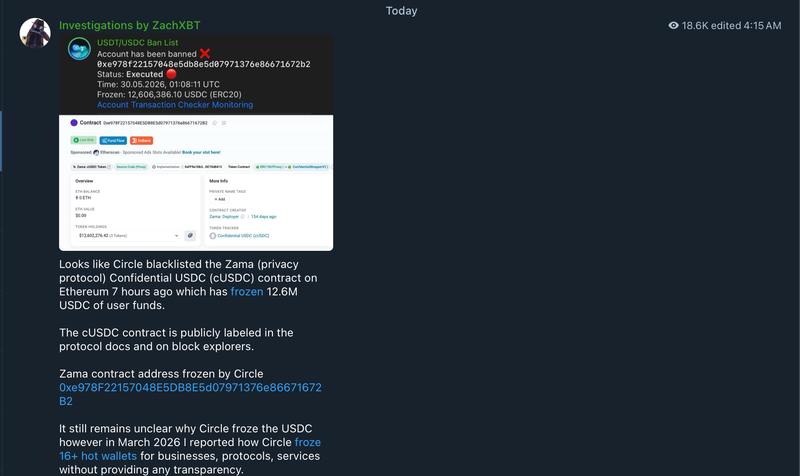ZachXBT tweet about Circle freeze