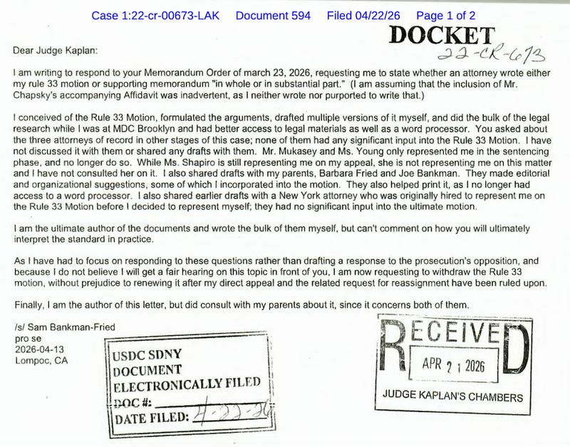 Letter from Sam Bankman-Fried