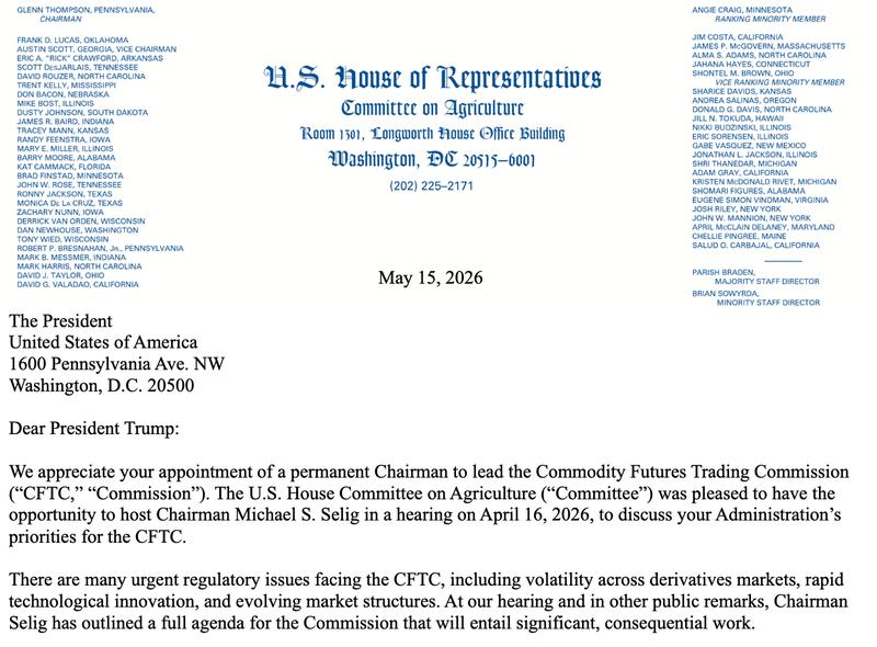 Letter from US House Agriculture Committee