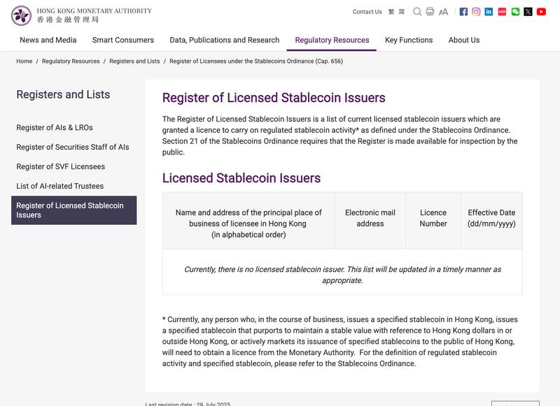 HKMA register of stablecoin issuers
