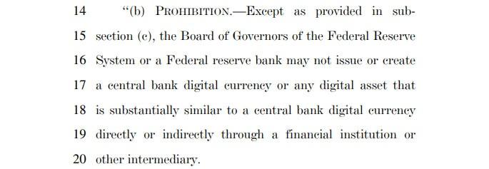 Section of housing bill banning Federal Reserve from creating a CBDC