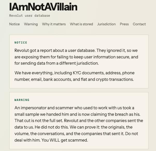 IAmNotAVillain website screenshot