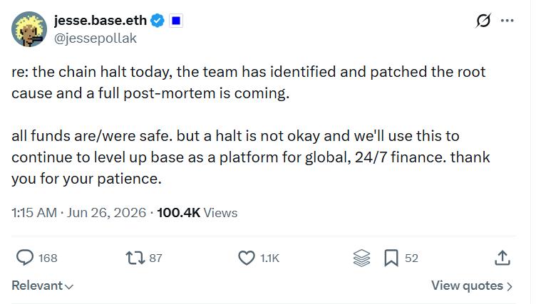 Jesse Pollak statement on chain halt
