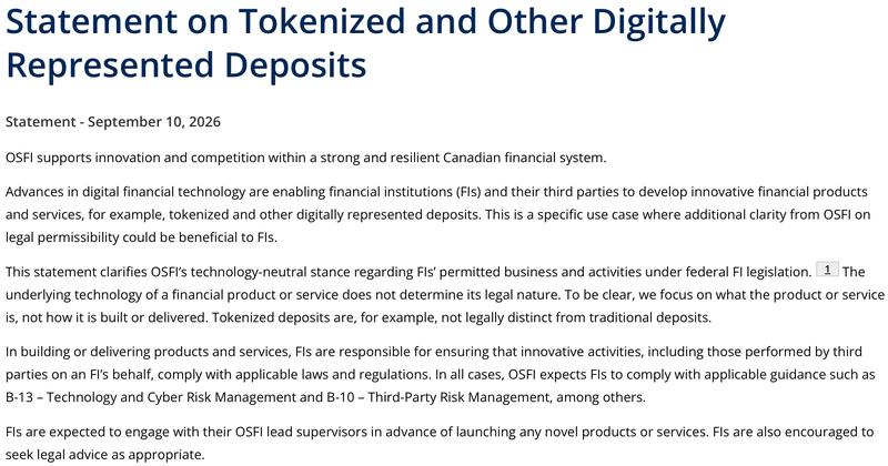OSFI clarifies tokenized deposit rules