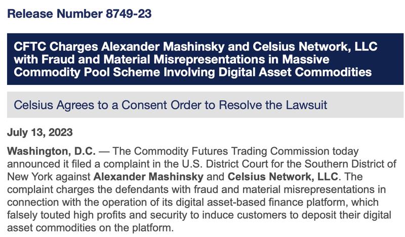 CFTC fraud charges against Celsius