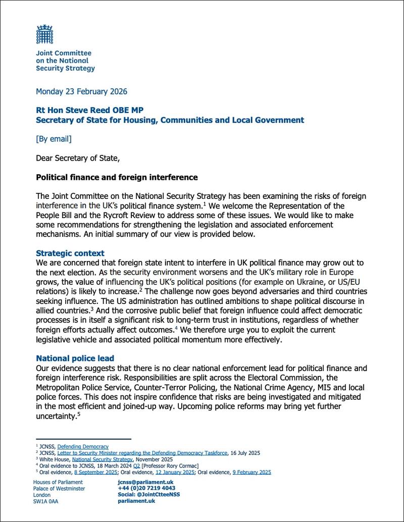 Letter from Joint Committee on the National Security Strategy