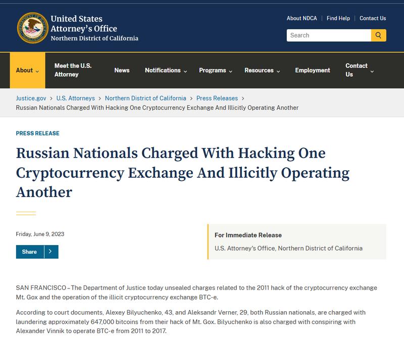 DOJ announcement about Mt. Gox hackers