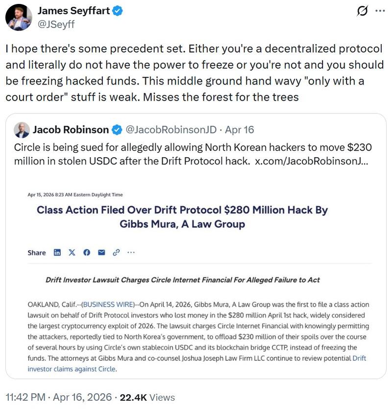 USDC issuer Circle faced criticism from industry participants for its inaction in the Drift hack