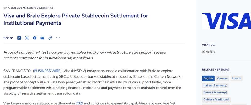 Visa and Brale explore private stablecoin settlement