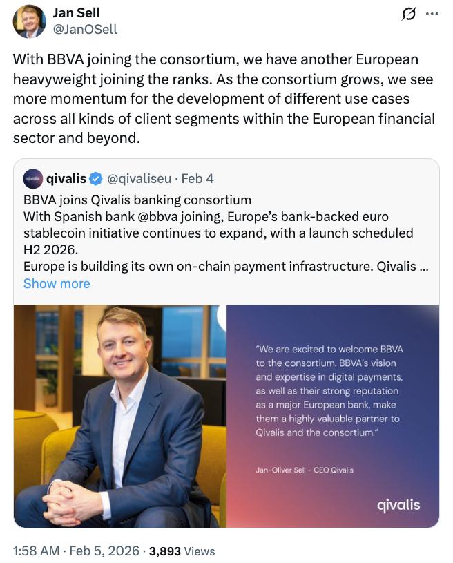 Spanish bank BBVA joined Qivalis as its 12th member in early February