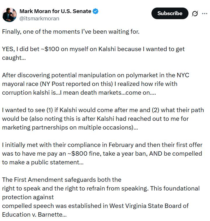 Mark Moran's statement on X