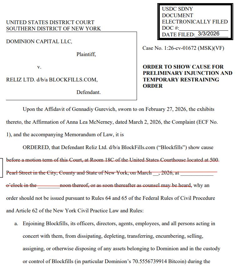 Dominion Capital VS BlockFills court filing