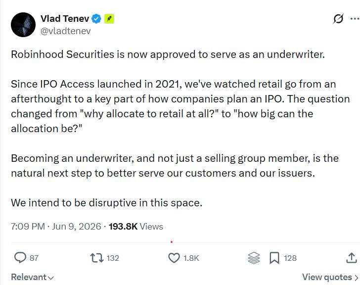 Robinhood secures underwriter status