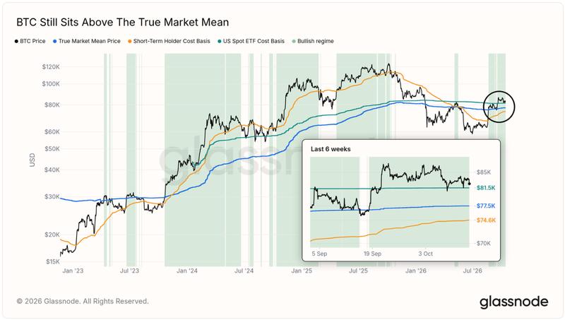 BTC/USD chart with cost-basis data and true market mean