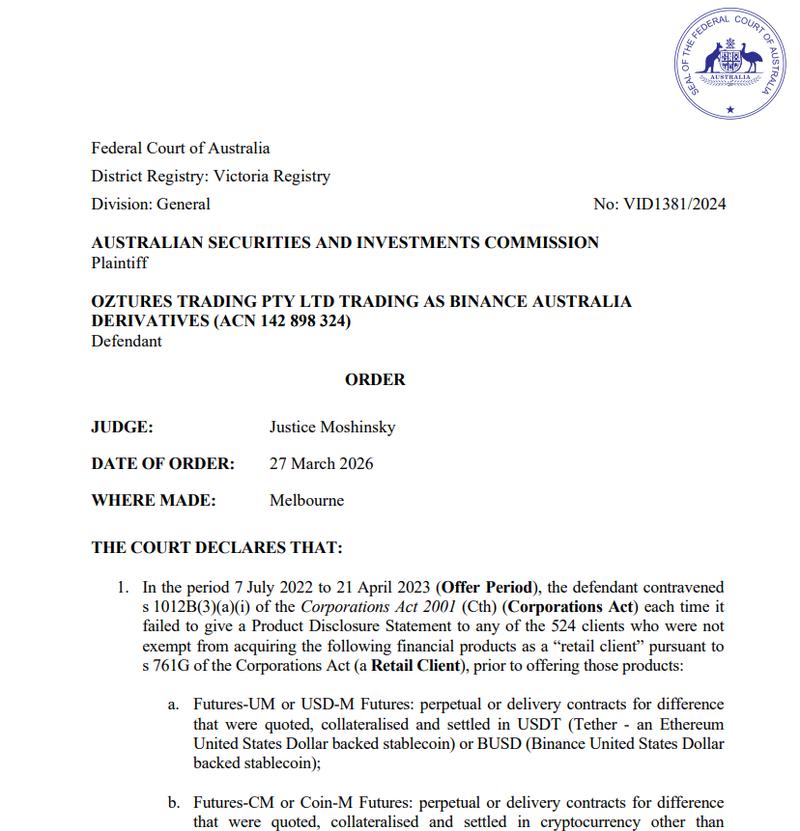 Court order against Binance Australia Derivatives