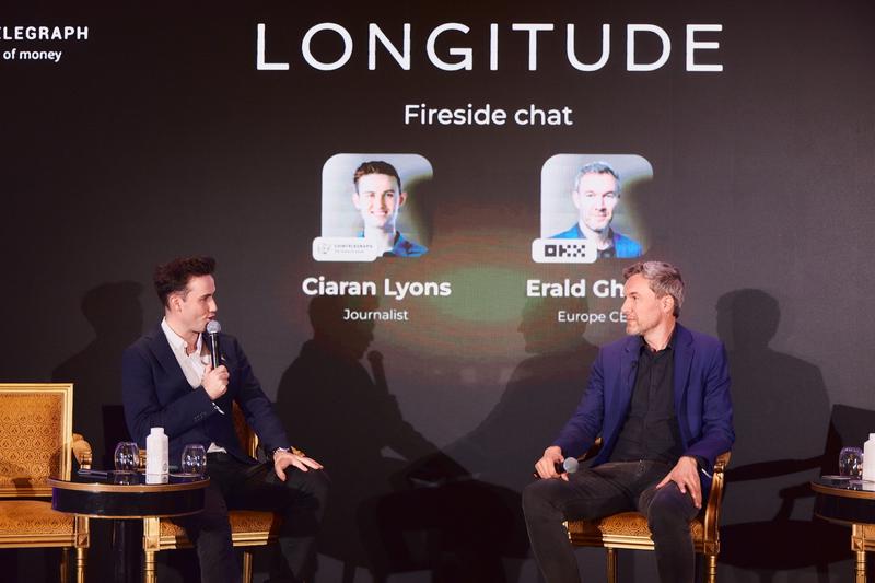 OKX Europe CEO Erald Ghoos speaking to Cointelegraph journalist Ciaran Lyons at LONGITUDE