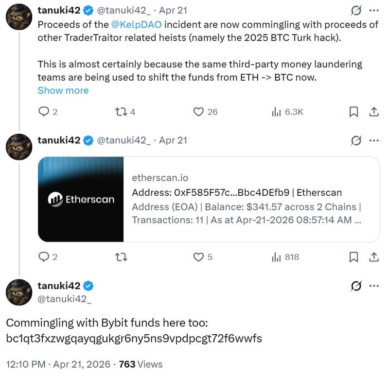 Funds from the Kelp DAO exploit have commingled with wallets linked to the Bybit hack