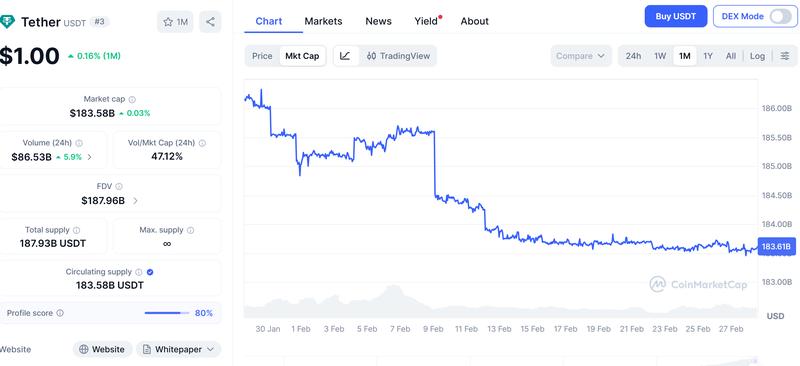USDt market cap drops in past month