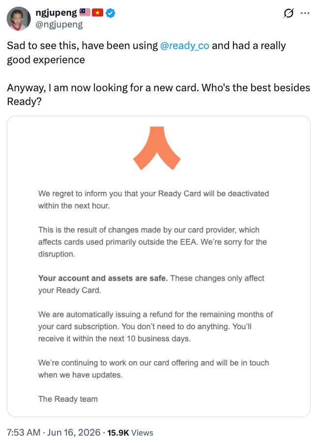 User screenshot of Ready Card deactivation notice