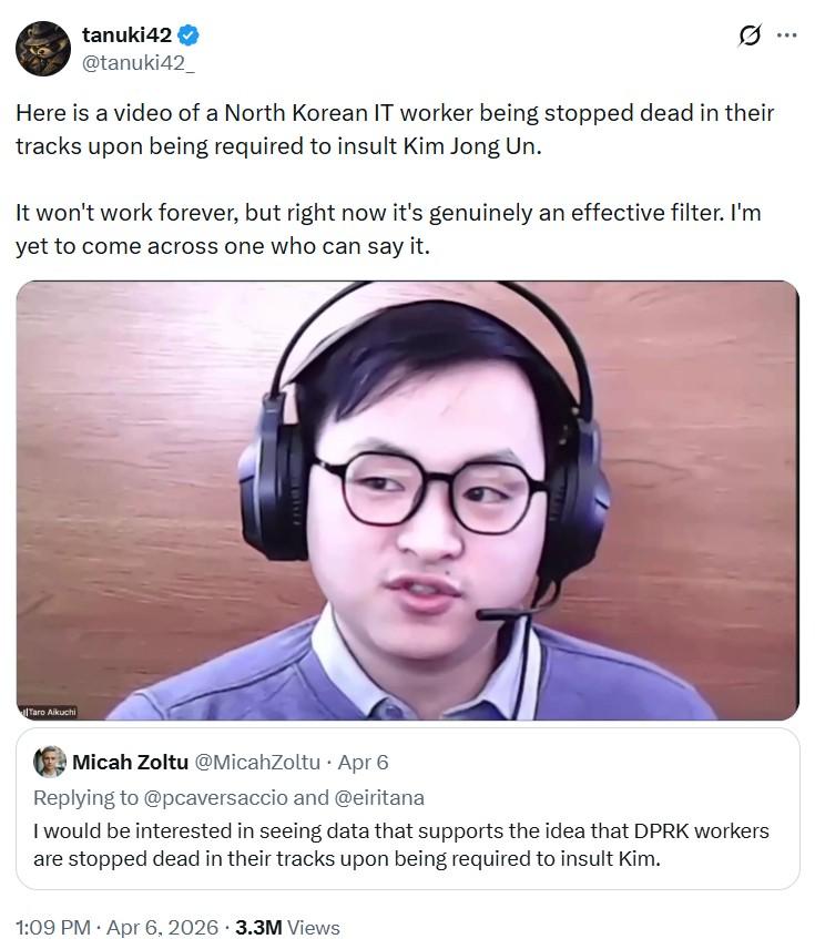 A suspected North Korean IT worker freezes when asked to call Kim Jong Un a 'fat, ugly pig'