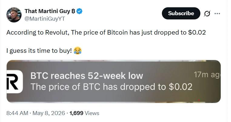 Revolut notification showing BTC at 2 cents