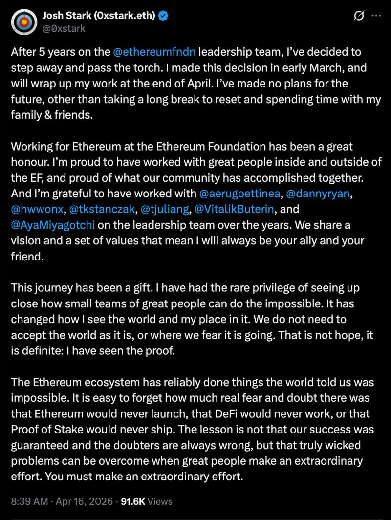 Josh Stark's departure announcement