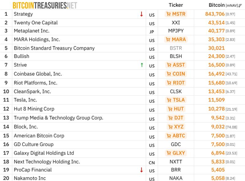 Chart showing world's largest public Bitcoin holders
