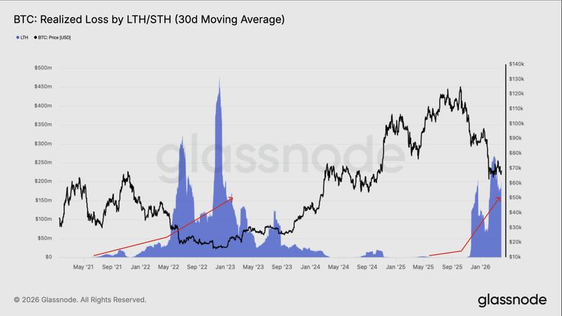 BTC realized loss by LTH/STH (30-day MA)